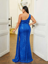 Plus Size Cutout One Shoulder Sequin Blue Prom Dress